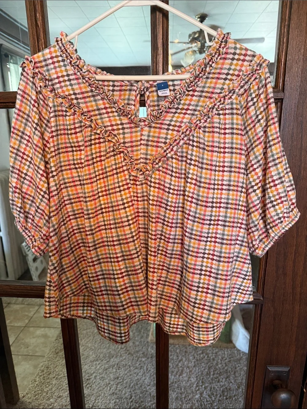 Old Navy Womens Ruffle V-Neck Blouse‎ Orange Yellow Blue Plaid Top Small